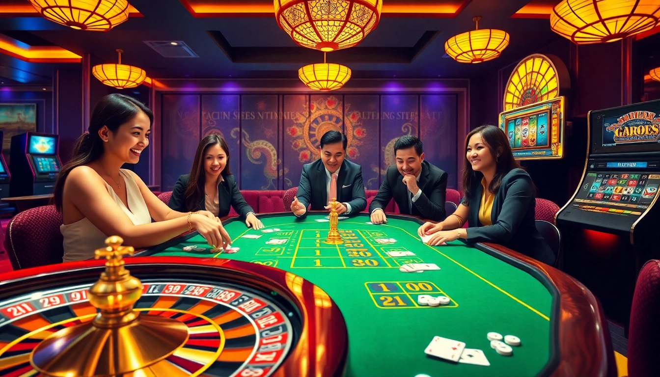 TG88 players enjoying a luxurious casino experience with poker chips, cards, and a vibrant slot machine.