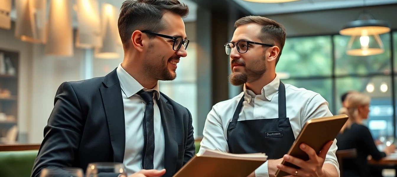Headhunter Gastronomie berät einen Betriebsleiter in einem eleganten Restaurant, um neue Talente zu finden.