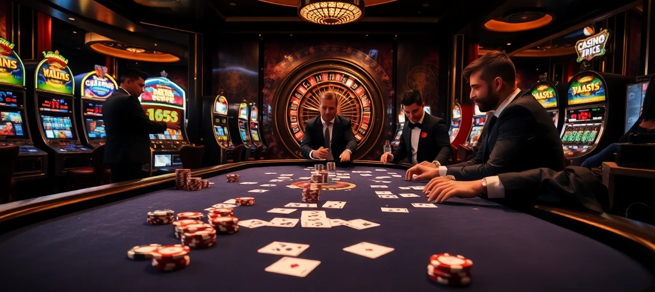 HM88 players excitedly place bets at a high-stakes poker table in a luxurious casino.