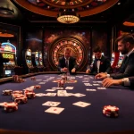 HM88 players excitedly place bets at a high-stakes poker table in a luxurious casino.