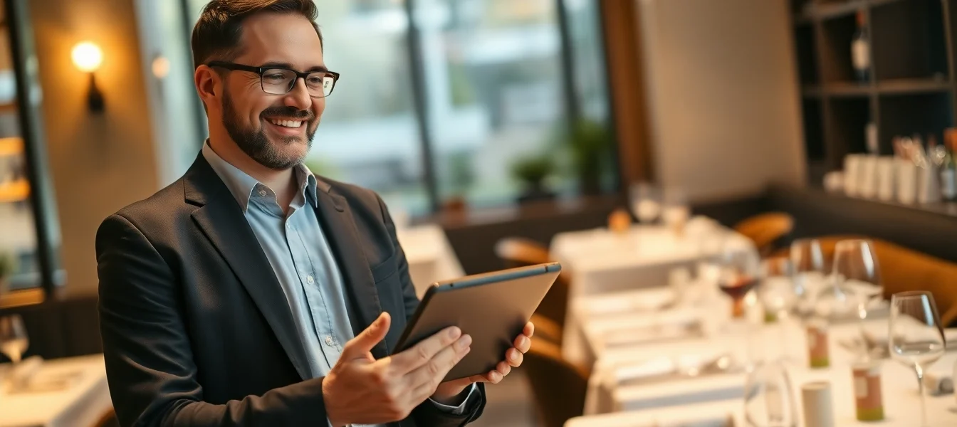Headhunter Gastronomie in einem eleganten Restaurant, lächelnd mit Bewerberprofilen.