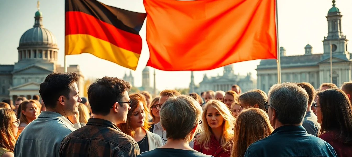 Diskutierende Menschen umgeben von Symbolen der Politik Nachrichten Deutschland, die Vielfalt und Engagement zeigen.