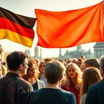 Diskutierende Menschen umgeben von Symbolen der Politik Nachrichten Deutschland, die Vielfalt und Engagement zeigen.