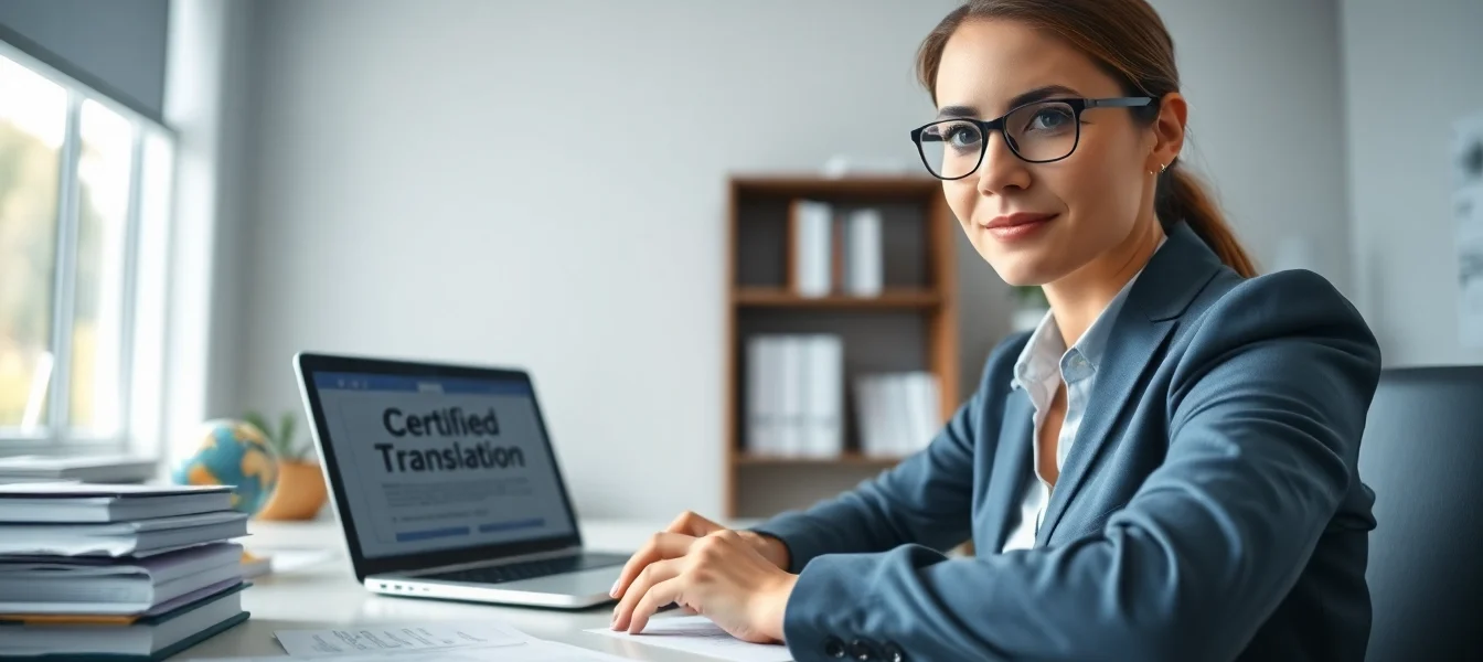 beeidigter Übersetzer arbeitet fleißig in einem professionellen Büro, mit juristischen Dokumenten und Übersetzungswerkzeugen