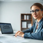 beeidigter Übersetzer arbeitet fleißig in einem professionellen Büro, mit juristischen Dokumenten und Übersetzungswerkzeugen