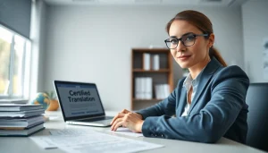 beeidigter Übersetzer arbeitet fleißig in einem professionellen Büro, mit juristischen Dokumenten und Übersetzungswerkzeugen