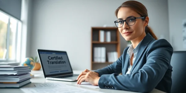 beeidigter Übersetzer arbeitet fleißig in einem professionellen Büro, mit juristischen Dokumenten und Übersetzungswerkzeugen