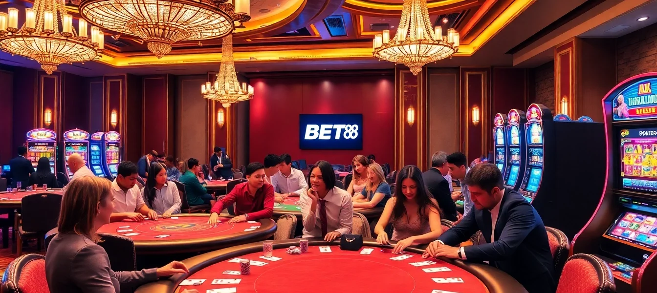 BET88 casino gamers enjoying poker at luxurious tables with vibrant atmosphere.