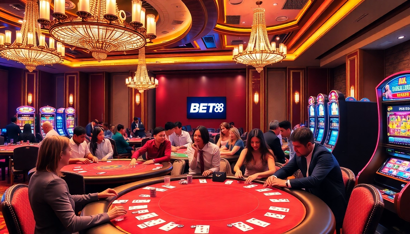 BET88 casino gamers enjoying poker at luxurious tables with vibrant atmosphere.