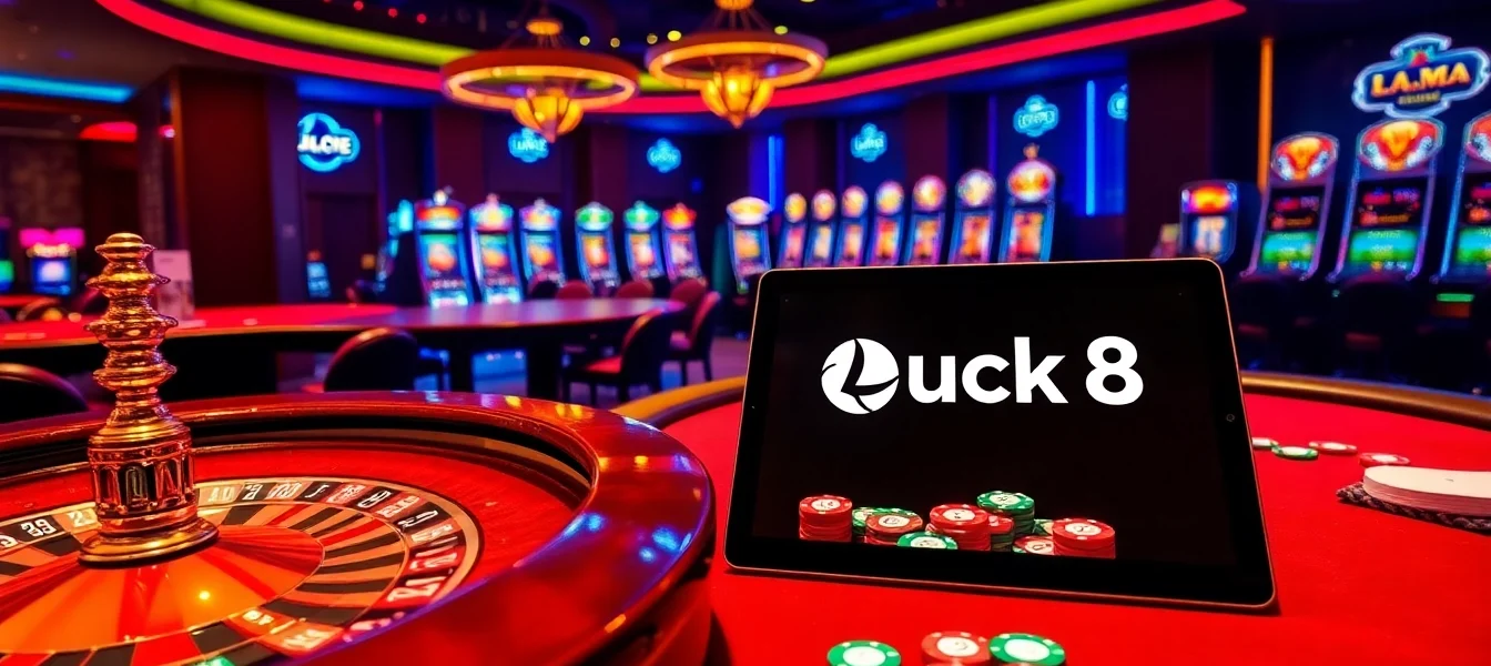 Luck8 players enjoy a thrilling casino experience with vibrant chips and cards on the table.