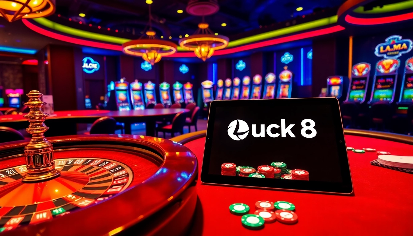 Luck8 players enjoy a thrilling casino experience with vibrant chips and cards on the table.
