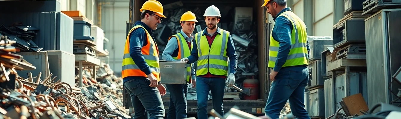 Dynamisches Schrotthandel Düsseldorf-Team bearbeitet effizient Metallschrott in einem industriellen Umfeld.