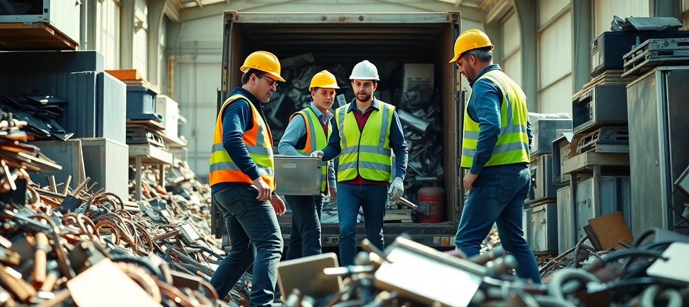 Dynamisches Schrotthandel Düsseldorf-Team bearbeitet effizient Metallschrott in einem industriellen Umfeld.