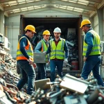 Dynamisches Schrotthandel Düsseldorf-Team bearbeitet effizient Metallschrott in einem industriellen Umfeld.