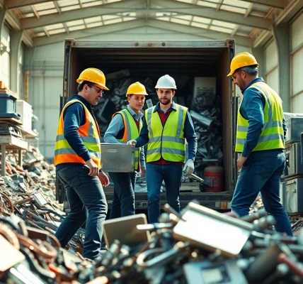 Dynamisches Schrotthandel Düsseldorf-Team bearbeitet effizient Metallschrott in einem industriellen Umfeld.
