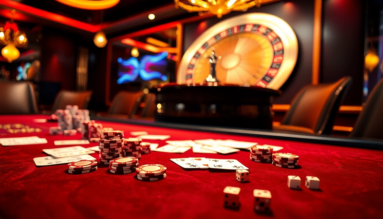 Exciting casino scene with XX88 gaming elements like poker chips and a roulette wheel.