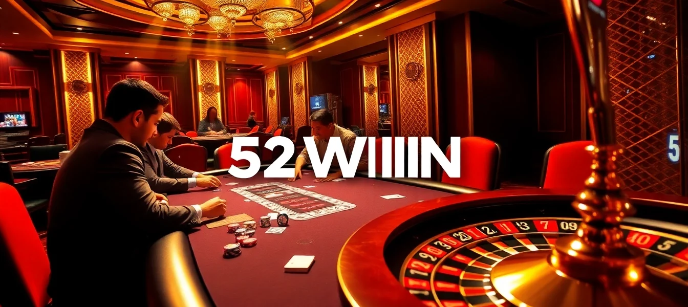 Players enjoying an intense poker game at 52WIN casino with vibrant poker chips and cards.
