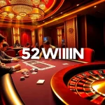 Players enjoying an intense poker game at 52WIN casino with vibrant poker chips and cards.