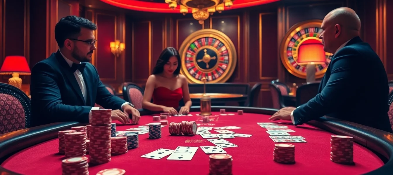 Engage in exciting poker action at https://11win68.com/ with professional players around a vibrant casino table.