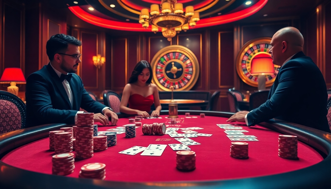 Engage in exciting poker action at https://11win68.com/ with professional players around a vibrant casino table.