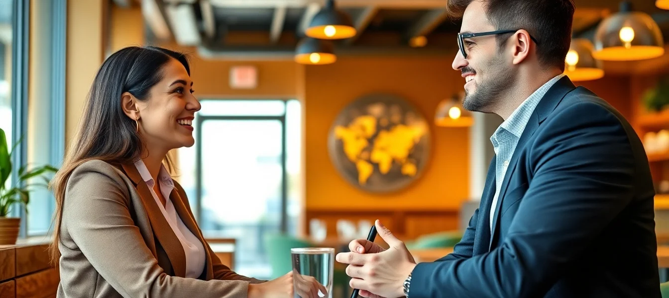 Headhunter Gastronomie interviews a candidate in a modern café.