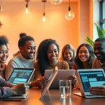 Engaging individuals in sex ai chat conversations with AI chatbots in a cozy café.