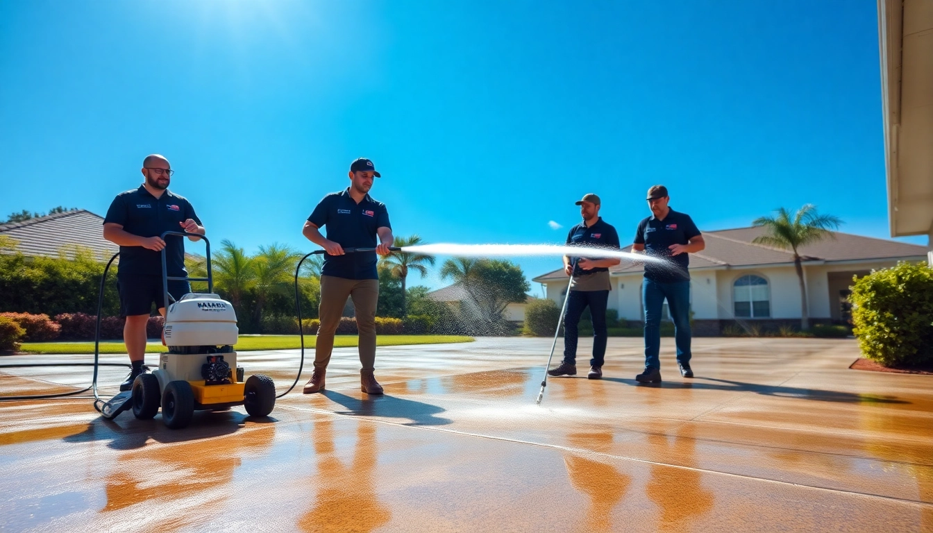 Concrete cleaning by a professional team in Kissimmee, showcasing sparkling results and vibrant surroundings.