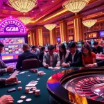 Players engaging in high-stakes action at the GG88-themed casino with vibrant slot machines and poker tables.