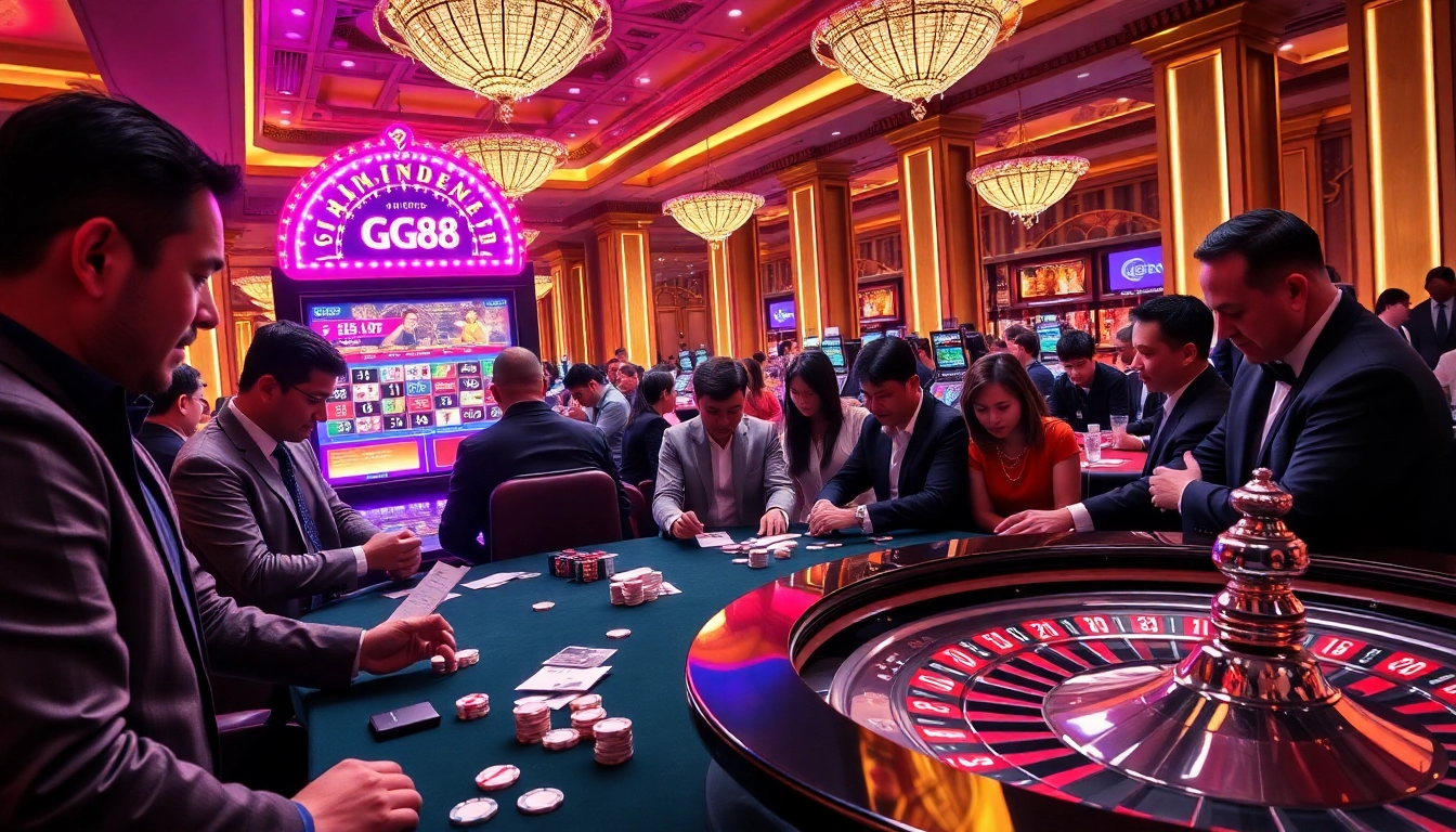 Players engaging in high-stakes action at the GG88-themed casino with vibrant slot machines and poker tables.