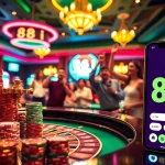 Engaging scene of players at a casino with the link 88i displayed on a smartphone, highlighting excitement and luck.