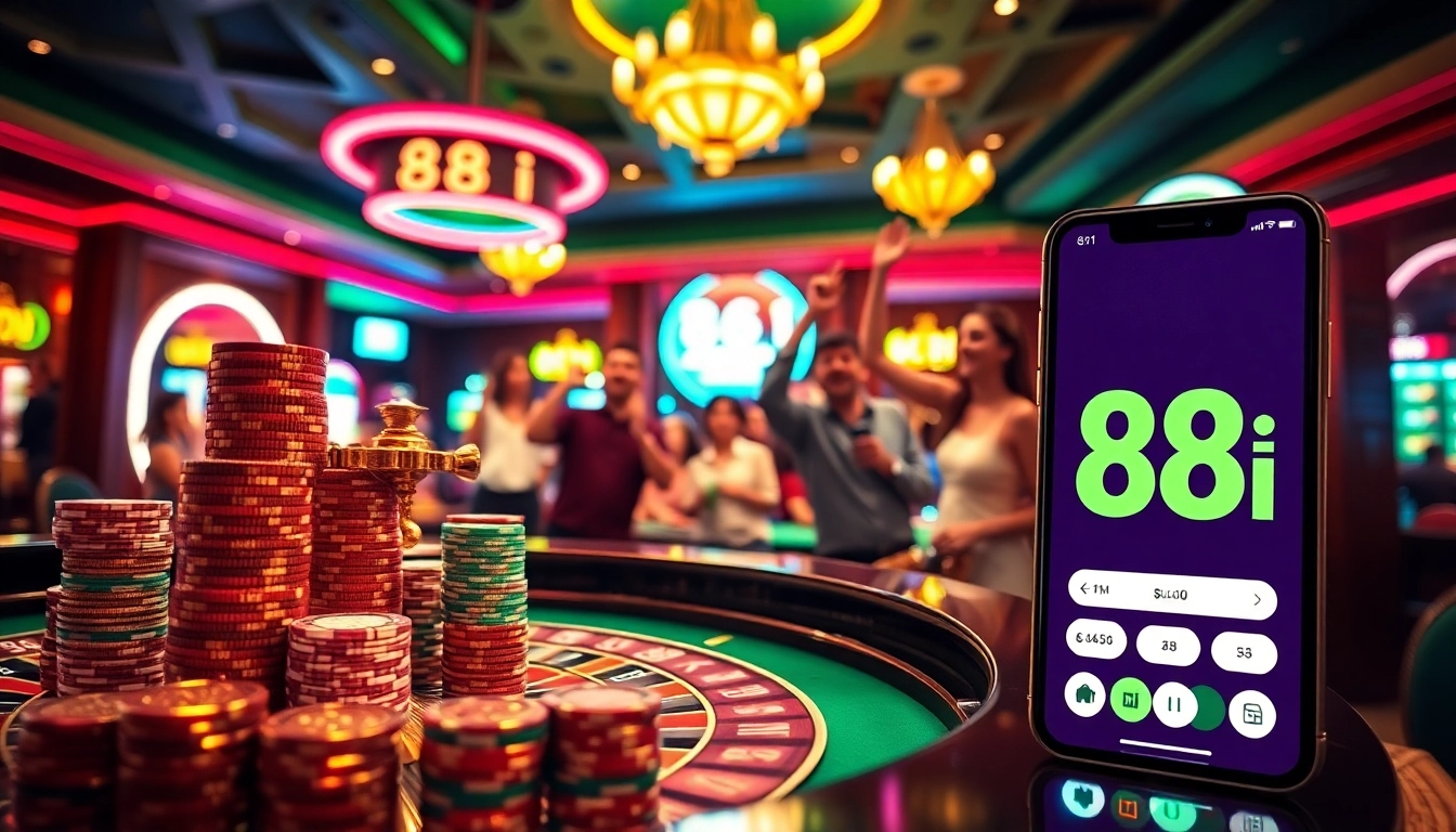 Engaging scene of players at a casino with the link 88i displayed on a smartphone, highlighting excitement and luck.