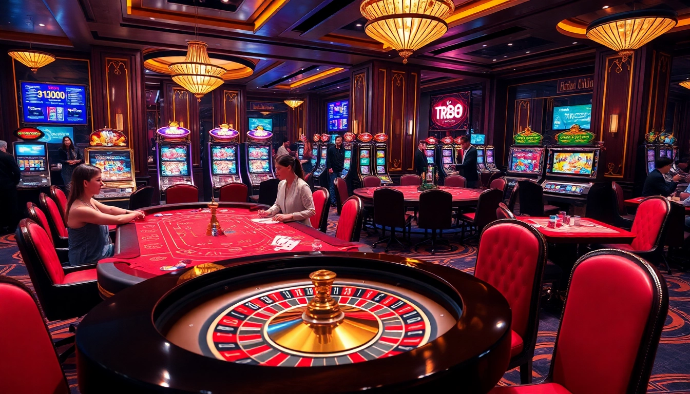 Experience excitement at nhà cái tr88, featuring vibrantly lit poker tables, roulette wheels, and engaging gamblers.