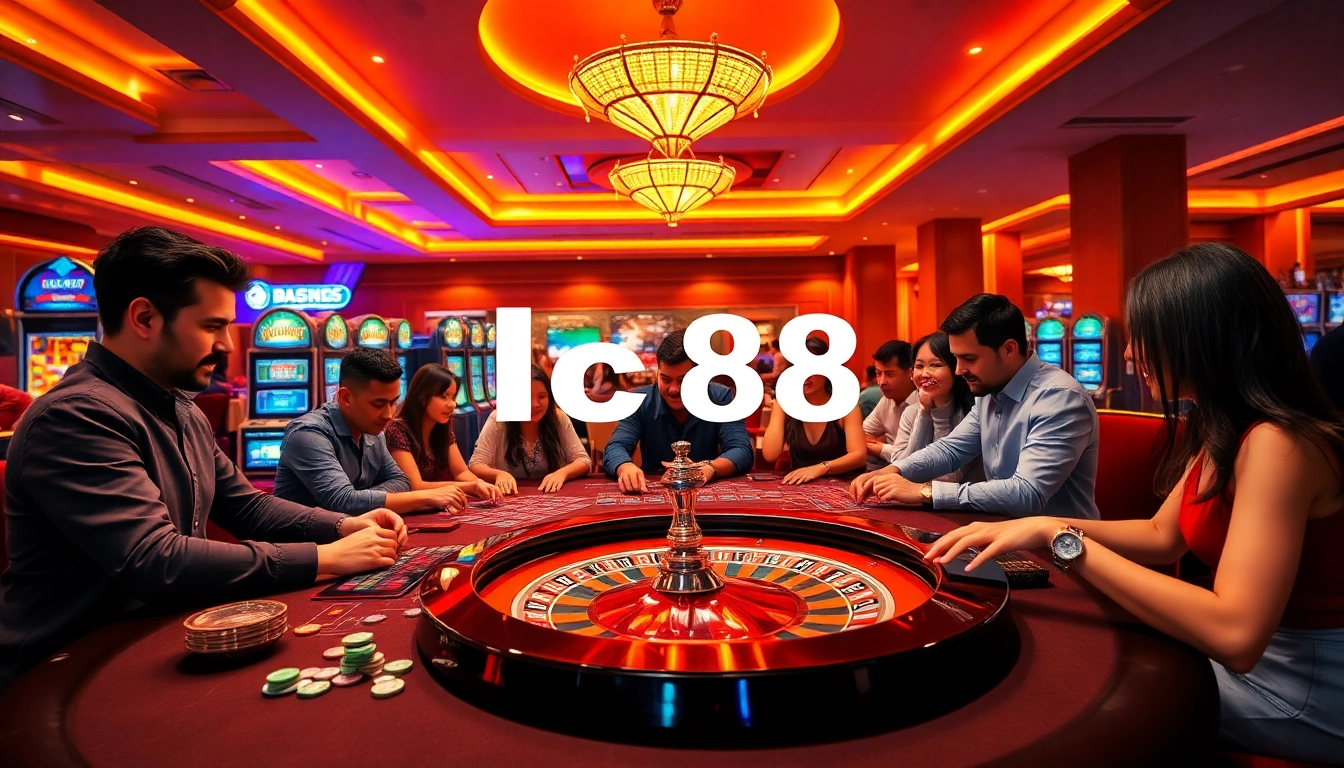 Players enjoying a vibrant casino game at lc88, featuring colorful chips and a spinning roulette wheel.