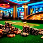 Betting at a glamorous b52 casino table with vibrant poker chips and a roulette wheel.