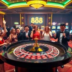 Exciting gaming at Nhà cái jun88 with a luxurious roulette table and enthusiastic players.