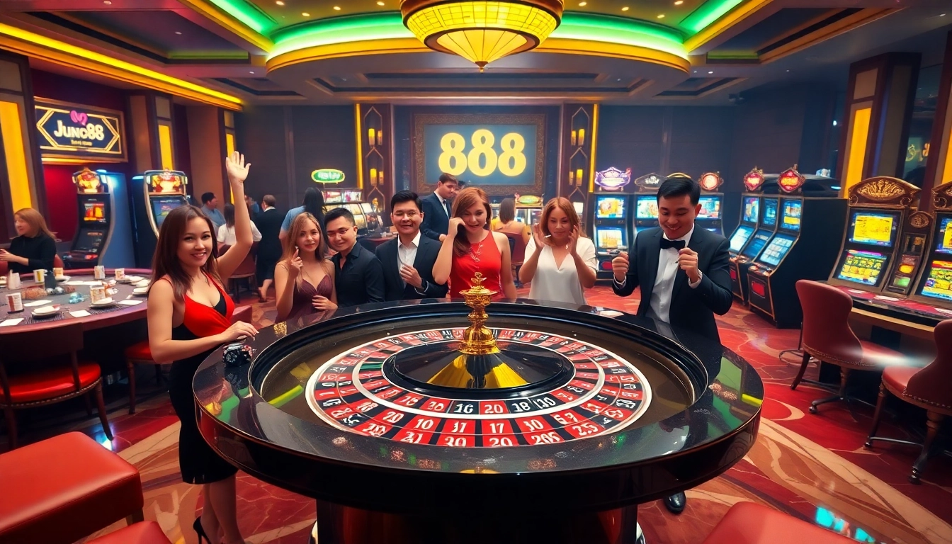 Exciting gaming at Nhà cái jun88 with a luxurious roulette table and enthusiastic players.