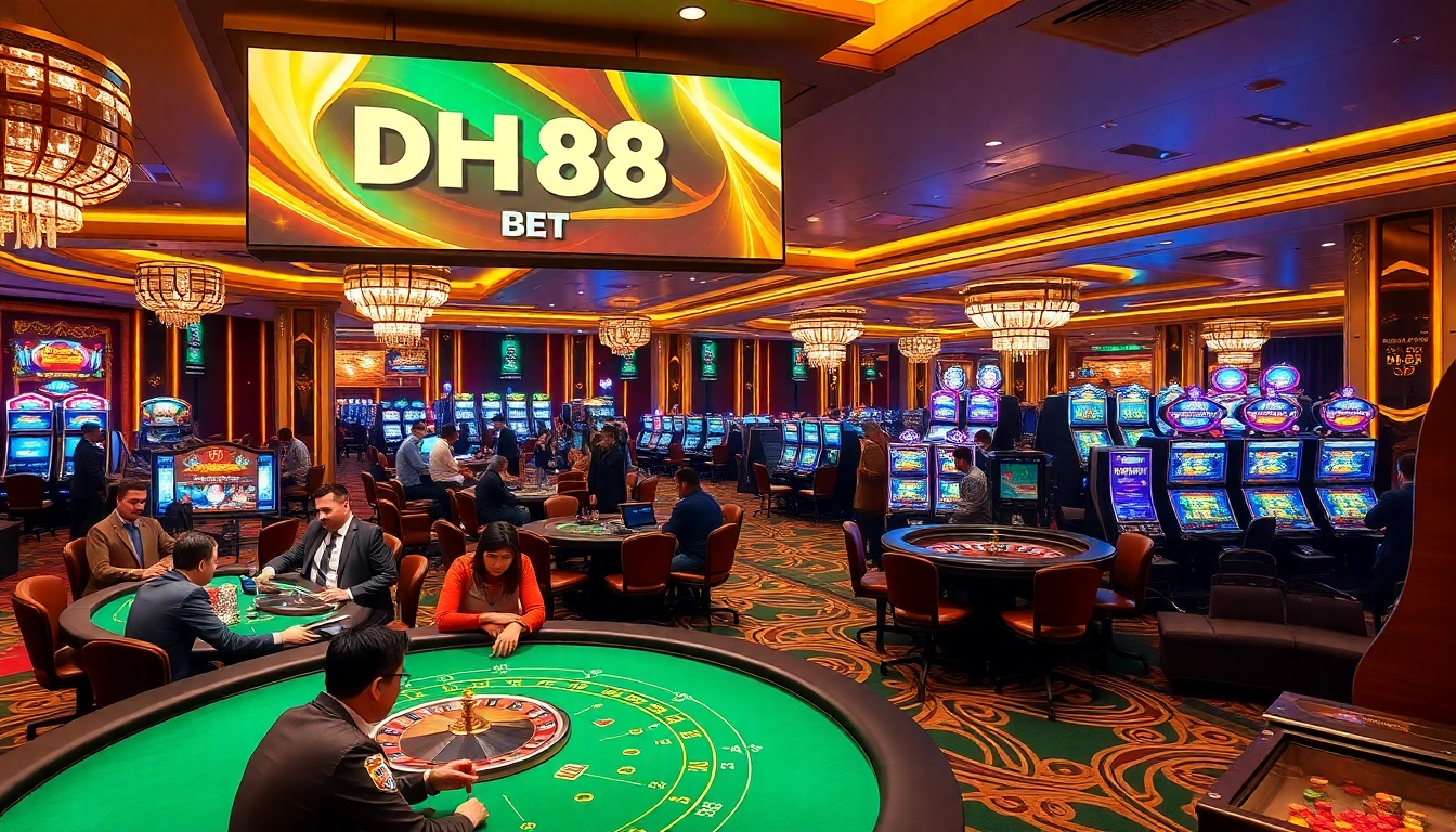 Experience the excitement of DH88 Bet while playing poker amidst vibrant casino scenes.