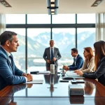 Erfolgreicher Headhunter Schweiz in einem modernen Büro mit Führungskräften in einem Meeting.
