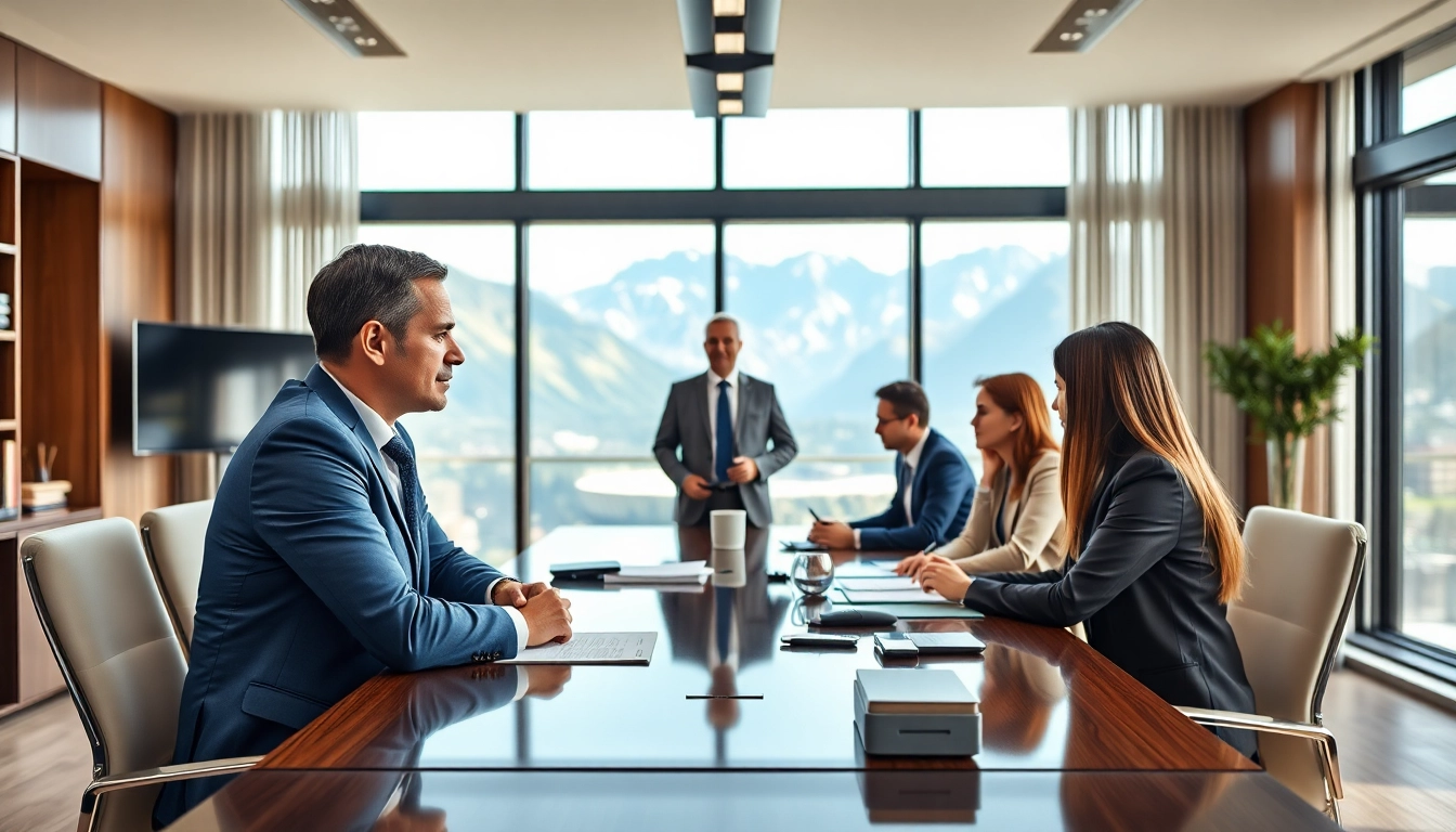Erfolgreicher Headhunter Schweiz in einem modernen Büro mit Führungskräften in einem Meeting.