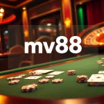 Engage with the mv88 casino experience featuring a luxurious gaming table with poker chips and cards.