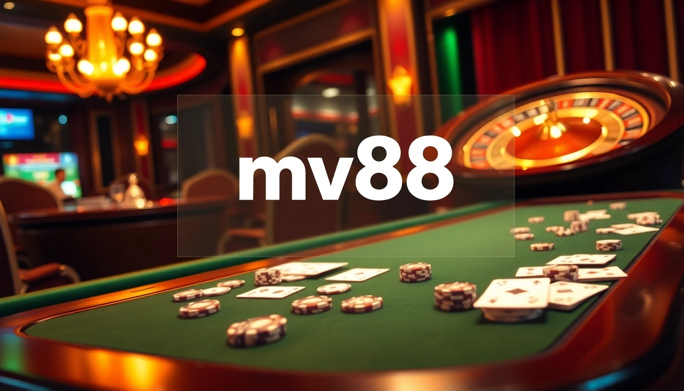 Engage with the mv88 casino experience featuring a luxurious gaming table with poker chips and cards.