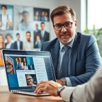 Headhunter IT discussing job listings with a client in a modern office.