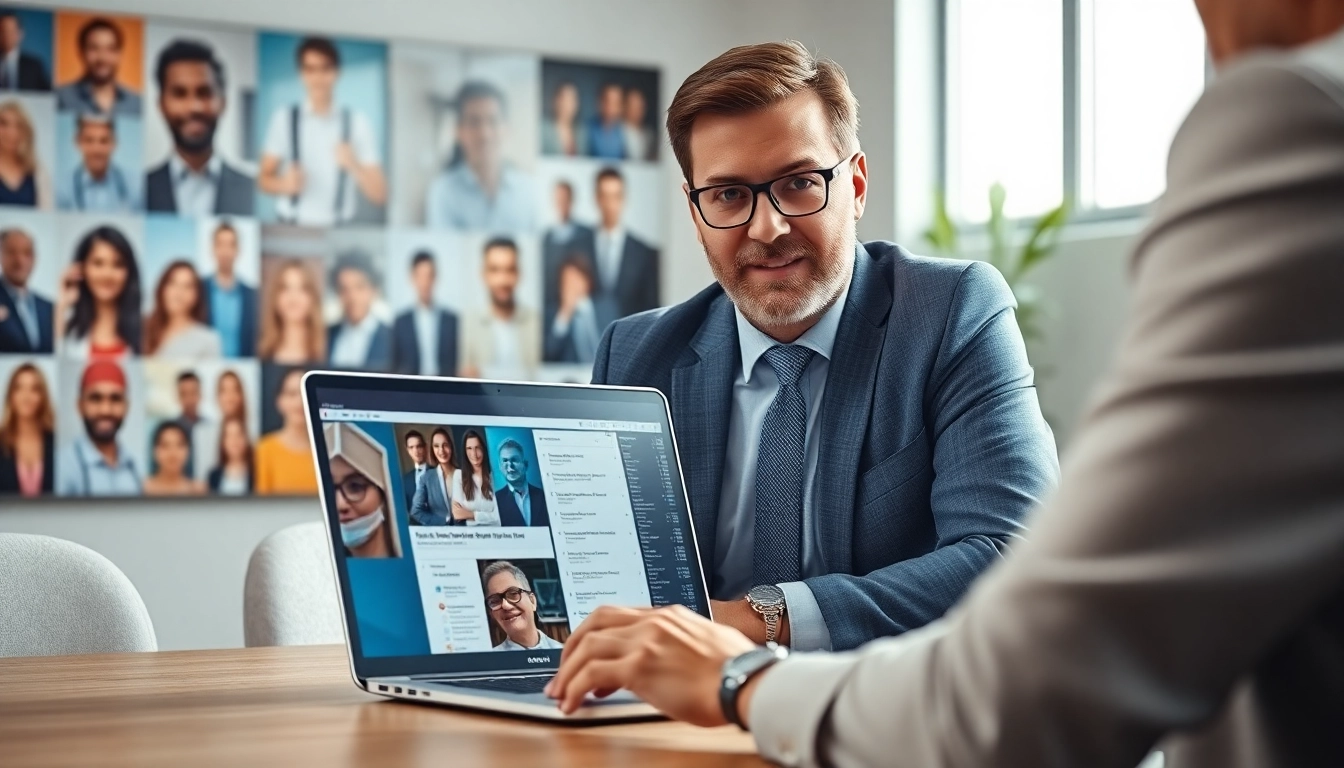 Headhunter IT discussing job listings with a client in a modern office.