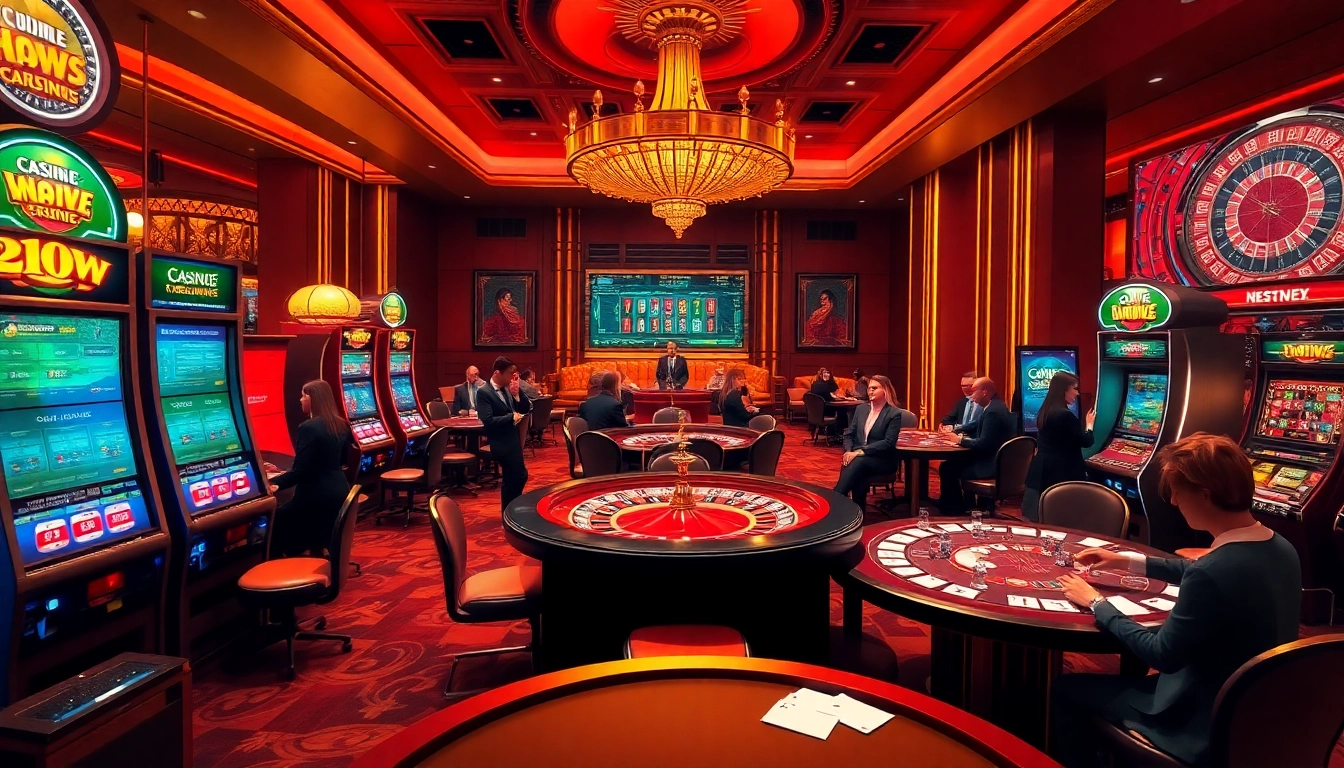 222BD casino scene showcasing thrilling gameplay with slot machines and poker tables.