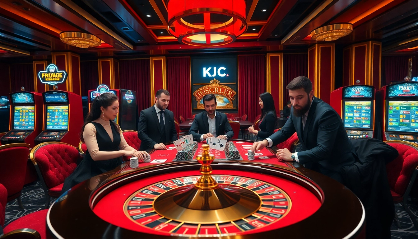 Engaging casino scene showcasing players strategizing with cards at https://kjc.coach/ luxury gaming table.