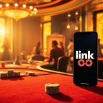 Experience the thrill of gambling with link 88i displayed on a smartphone amidst an elegant casino atmosphere.