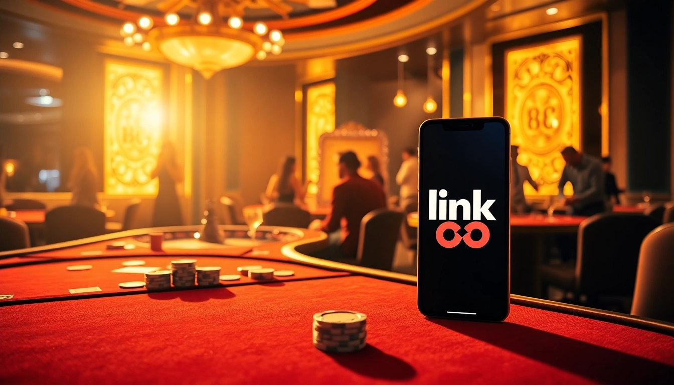 Experience the thrill of gambling with link 88i displayed on a smartphone amidst an elegant casino atmosphere.
