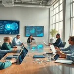 Innovative business professionals collaborating with 18+ ai technology in a modern workspace.