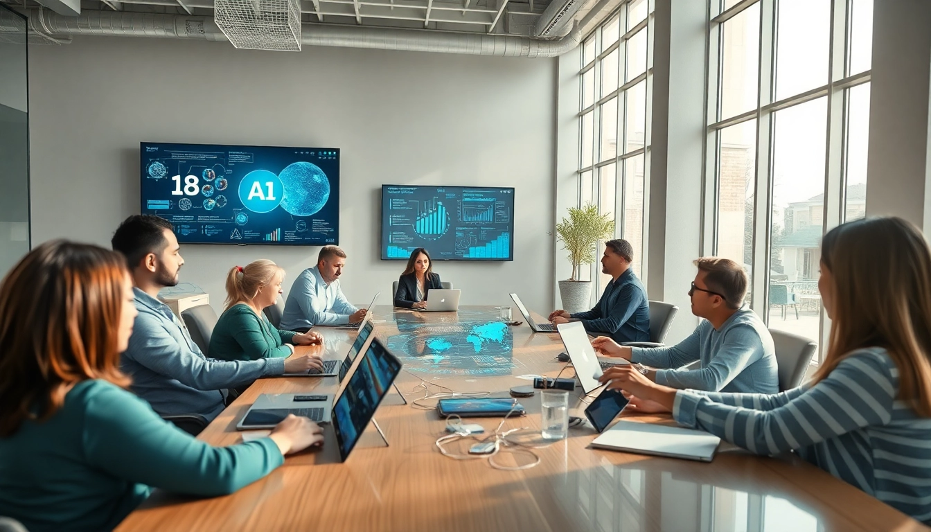 Innovative business professionals collaborating with 18+ ai technology in a modern workspace.