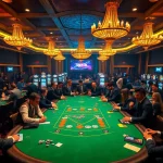 A thrilling poker scene at KP88 casino with excited players, professional dealers, and vibrant lights.